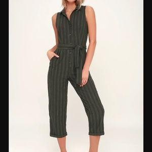 Lulu's Olive Green Striped Button-Up Jumpsuit